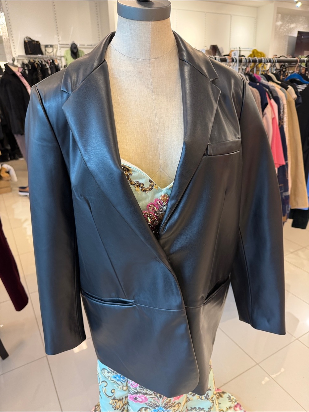 Black Faux Leather Blazer Jacket - Women's Tailored Coat Laurence Bras